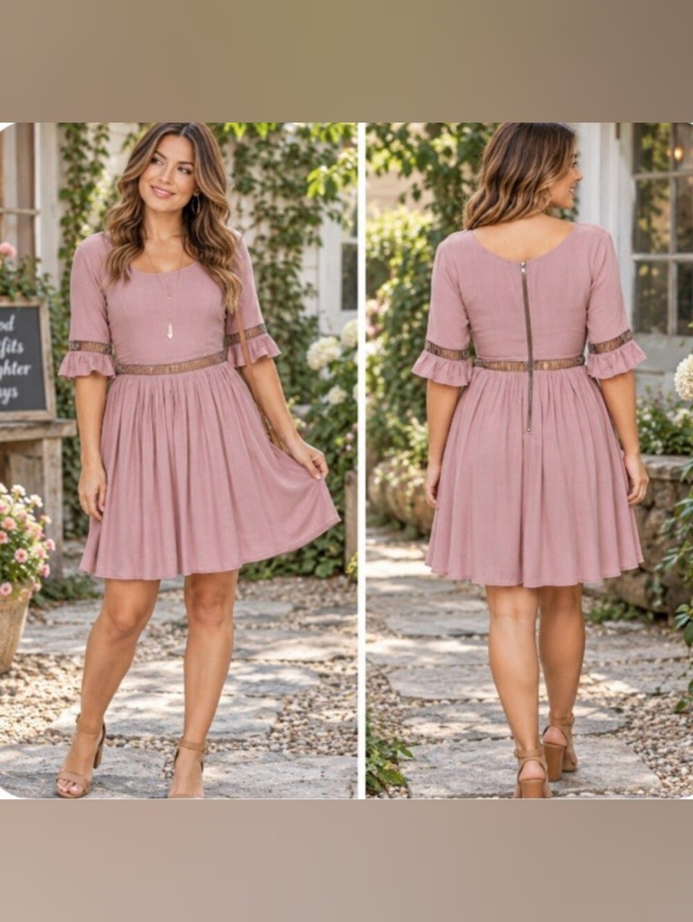 Sugarlips Mauve Cut Out 3/4 Sleeve Dress Small Coquette Cottagecore